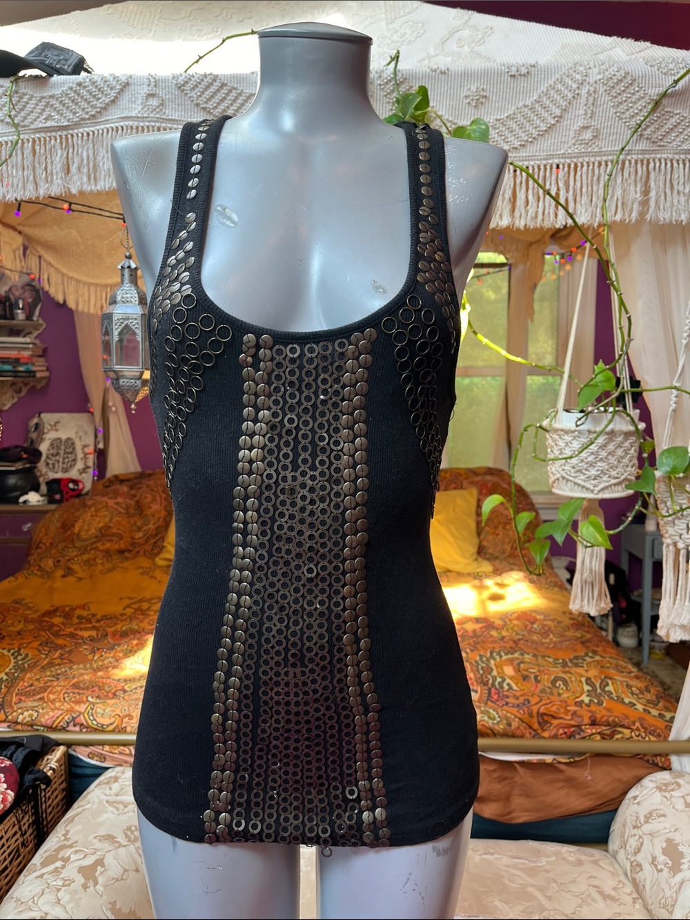 Vintage Y2K bronze studded + embellished + sequins black racerback tank top